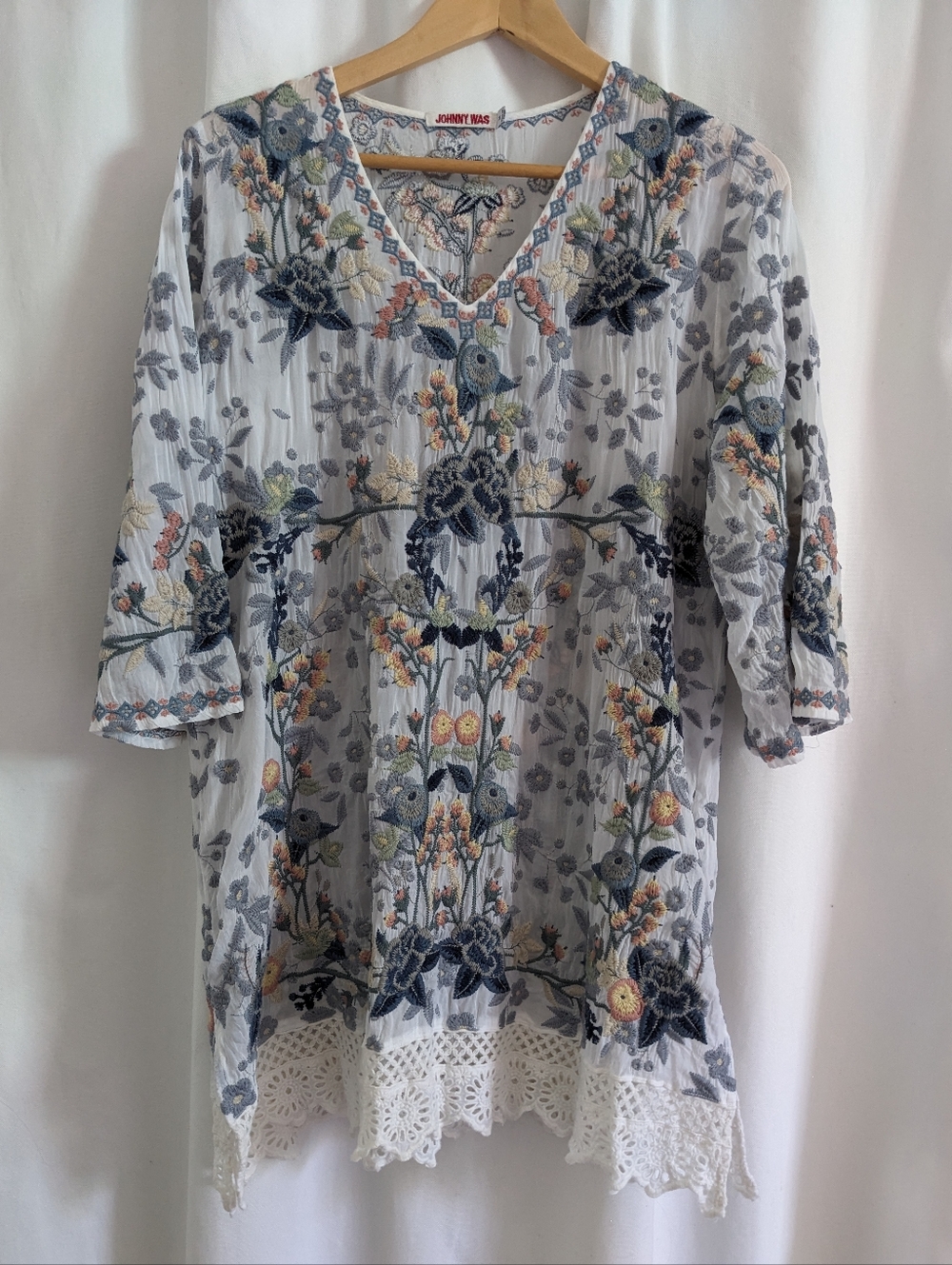 Johnny Was Azalia Boho Floral Embroidered V-neck Tunic Top Multi-Color $455
